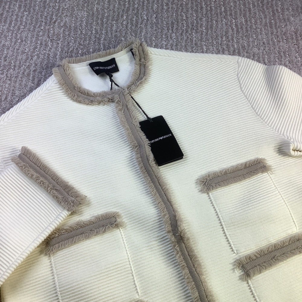 Emporio Armani Giacca White Beige Ribbed Fringe Knit Cardigan Jacket Size 40 NWT